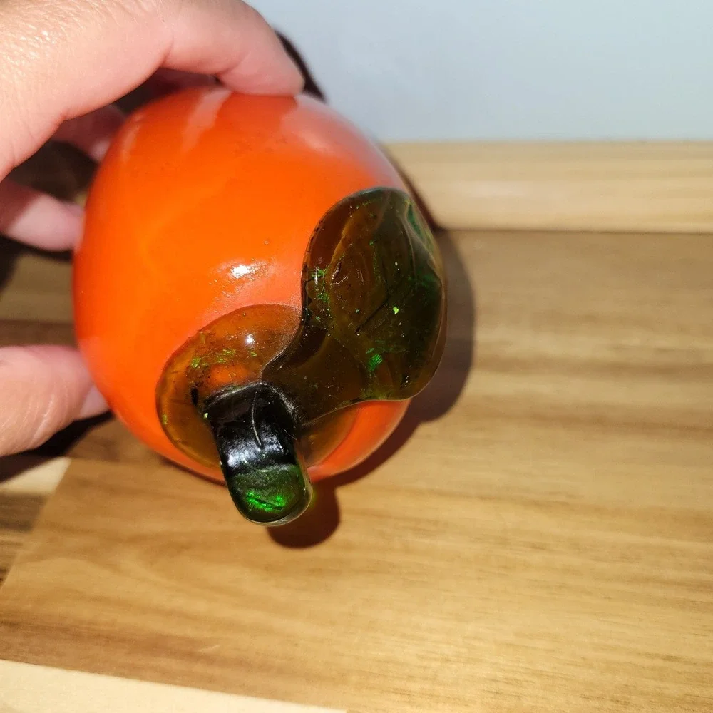 Murano Style Glass Orange Colored Mango with Green Leaf and‎ Stem 6